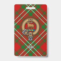 Clan Scott Crest over Red Tartan Badge