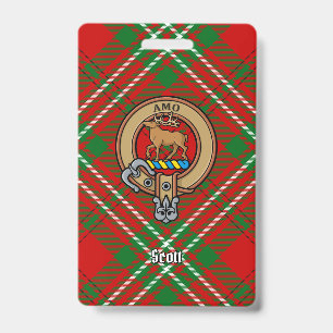 Clan Scott Crest over Red Tartan Badge