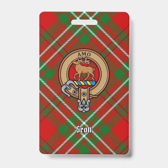 Clan Scott Crest over Red Tartan Badge (Front)