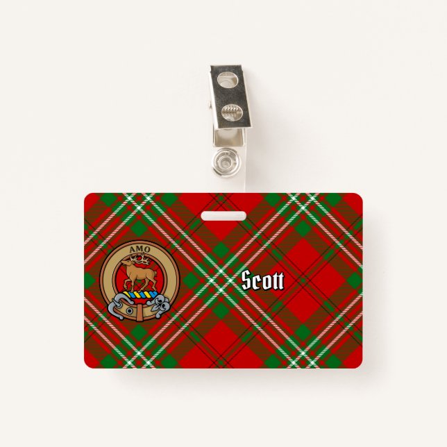 Clan Scott Crest over Red Tartan Badge (Front with Clip)