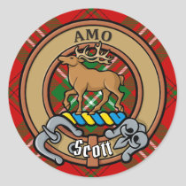Clan Scott Crest over Red Tartan Classic Round Sticker