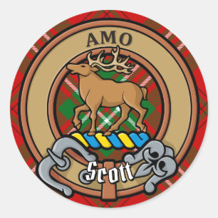 Clan Scott Crest over Red Tartan Classic Round Sticker