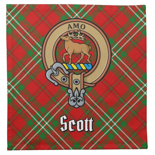 Clan Scott Crest over Red Tartan Cloth Napkin (Front)