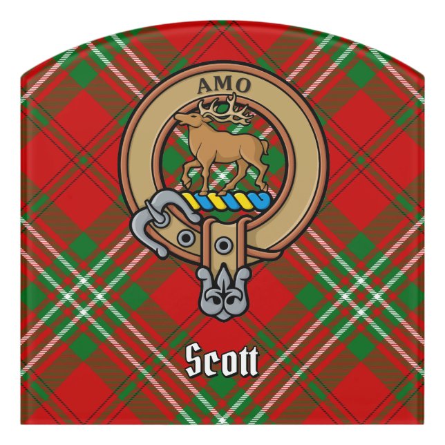 Clan Scott Crest over Red Tartan Door Sign (Contour Front)