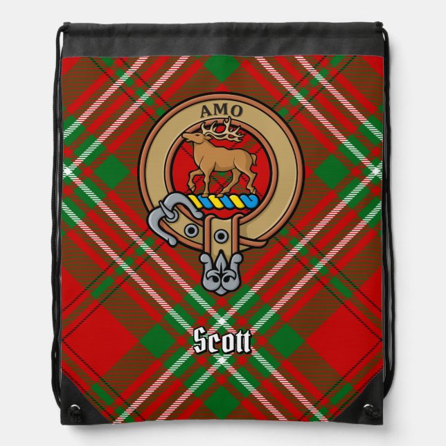Clan Scott Crest over Red Tartan Drawstring Bag (Front)