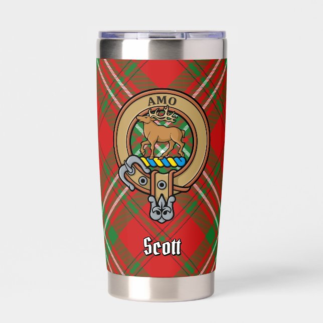 Clan Scott Crest over Red Tartan Insulated Tumbler (Front)