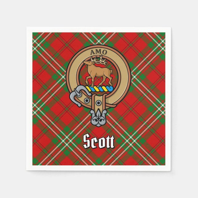 Clan Scott Crest over Red Tartan Napkins (Front)