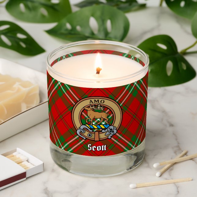 Clan Scott Crest over Red Tartan Scented Candle (Lit)