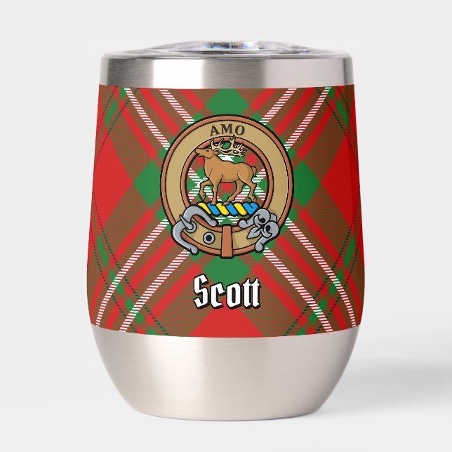 Clan Scott Crest over Red Tartan Thermal Wine Tumbler (Front)