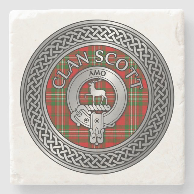 Clan Scott Crest & Tartan Knot Stone Coaster (Front)