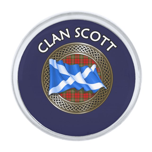 Clan Scott Tartan Knot & Flag Silver Finish Lapel Pin (Front)
