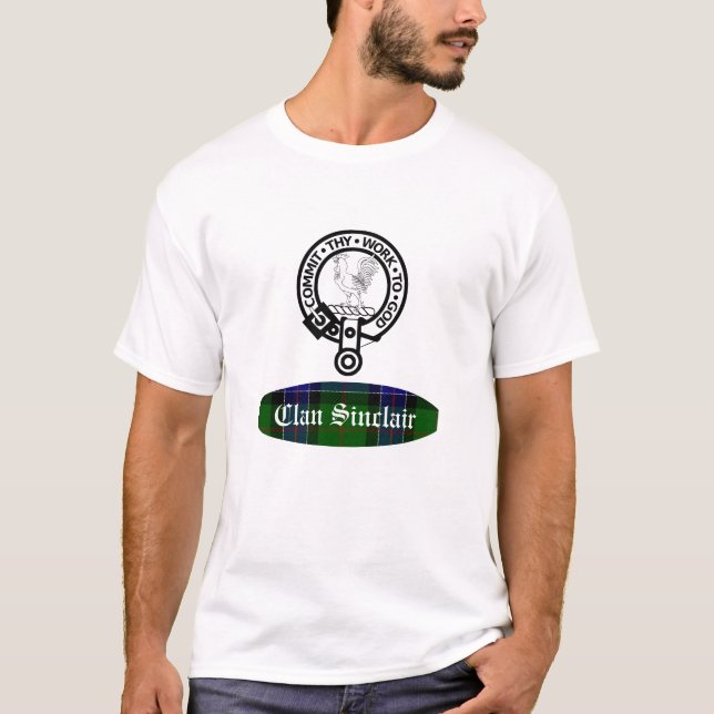 Clan Sinclair Crest Badge & Tartan Customizable T-Shirt (Front)