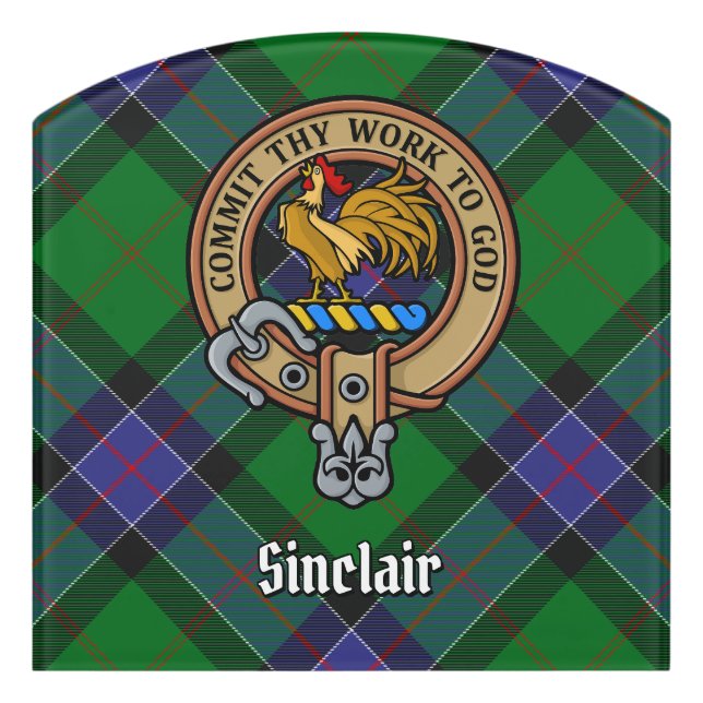 Clan Sinclair Crest over Hunting Tartan Door Sign (Contour Front)