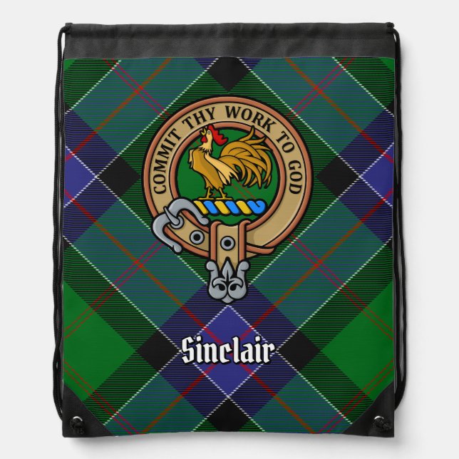 Clan Sinclair Crest over Hunting Tartan Drawstring Bag (Front)