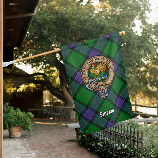 Clan Sinclair Crest over Hunting Tartan House Flag (In SItu)