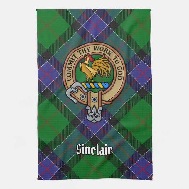 Clan Sinclair Crest over Hunting Tartan Kitchen Towel (Vertical)