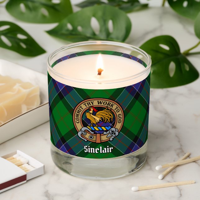 Clan Sinclair Crest over Hunting Tartan Scented Candle (Lit)