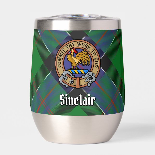 Clan Sinclair Crest over Hunting Tartan Thermal Wine Tumbler (Front)