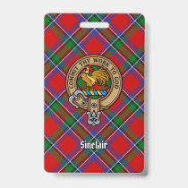 Clan Sinclair Crest over Red Tartan Badge
