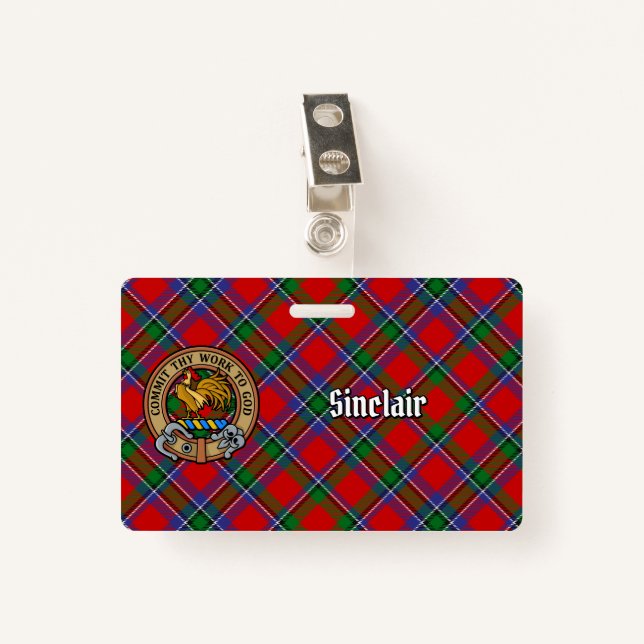Clan Sinclair Crest over Red Tartan Badge (Front with Clip)