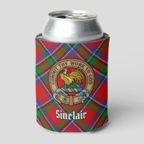Clan Sinclair Crest over Red Tartan Can Cooler