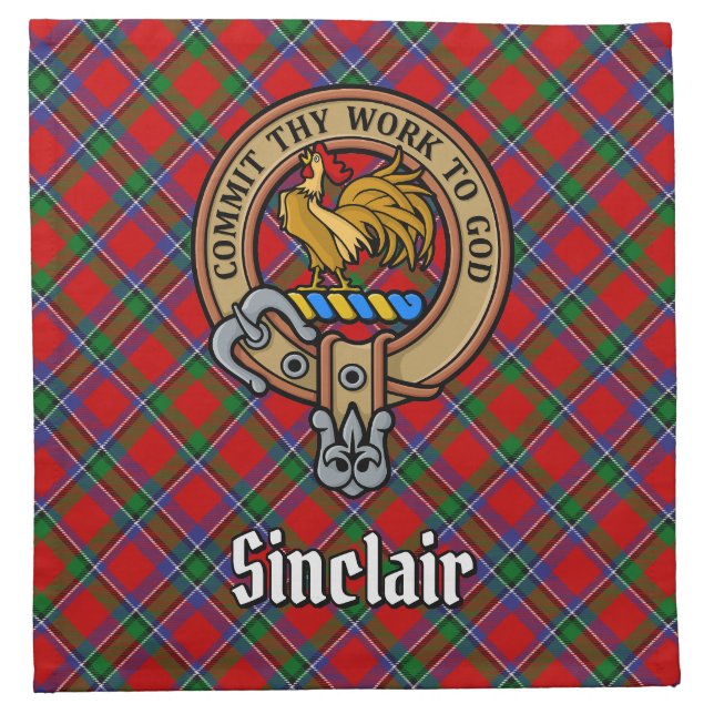 Clan Sinclair Crest over Red Tartan Cloth Napkin (Front)