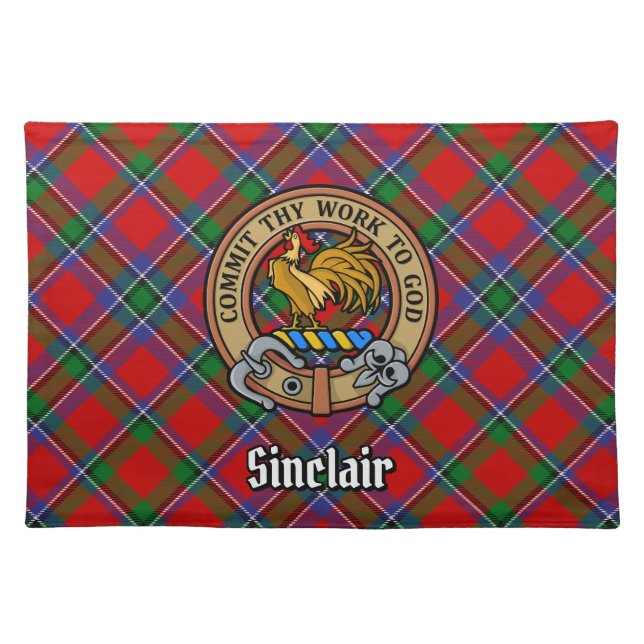 Clan Sinclair Crest over Red Tartan Cloth Placemat (Front)