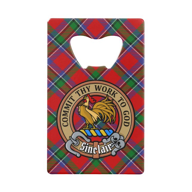 Clan Sinclair Crest over Red Tartan Credit Card Bottle Opener (Front)