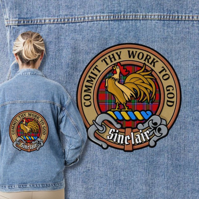Clan Sinclair Crest over Red Tartan Denim Jacket (Creator Uploaded)