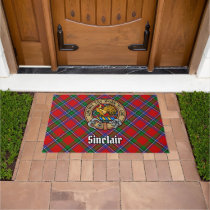 Clan Sinclair Crest over Red Tartan Doormat