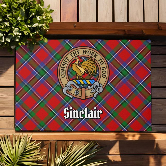 Clan Sinclair Crest over Red Tartan Doormat (Creator Uploaded)