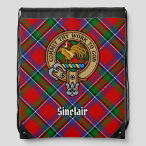 Clan Sinclair Crest over Red Tartan Drawstring Bag