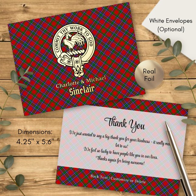 Clan Sinclair Crest over Red Tartan Foil Invitation Postcard (Creator Uploaded)