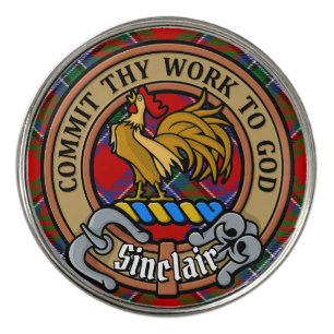 Clan Sinclair Crest over Red Tartan Golf Ball Marker