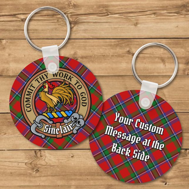 Clan Sinclair Crest over Red Tartan Keychain (Creator Uploaded)