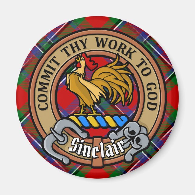 Clan Sinclair Crest over Red Tartan Magnet (Front)