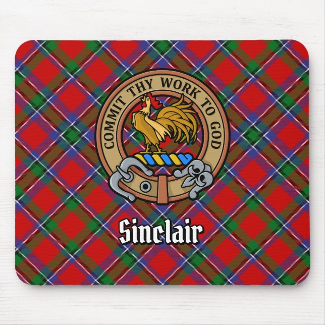 Clan Sinclair Crest over Red Tartan Mouse Pad (Front)