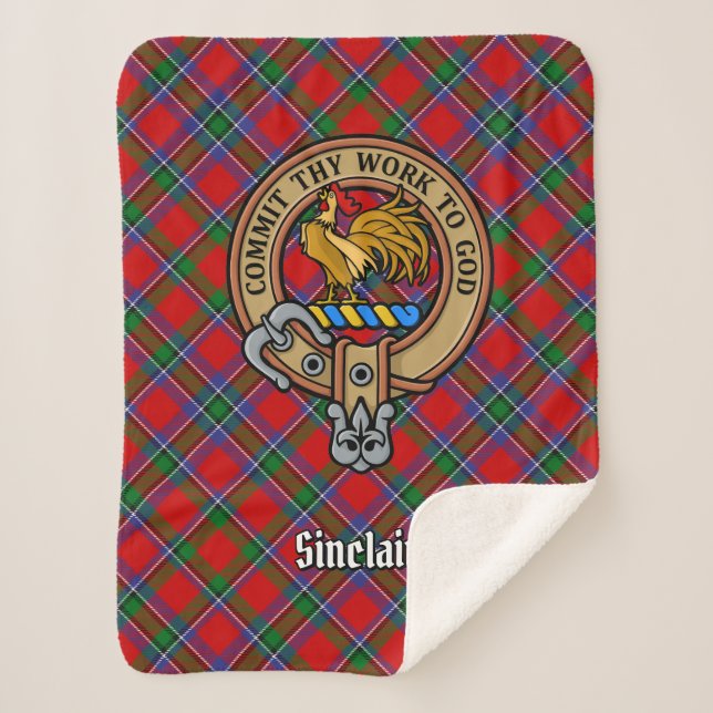 Clan Sinclair Crest over Red Tartan Sherpa Blanket (Front)