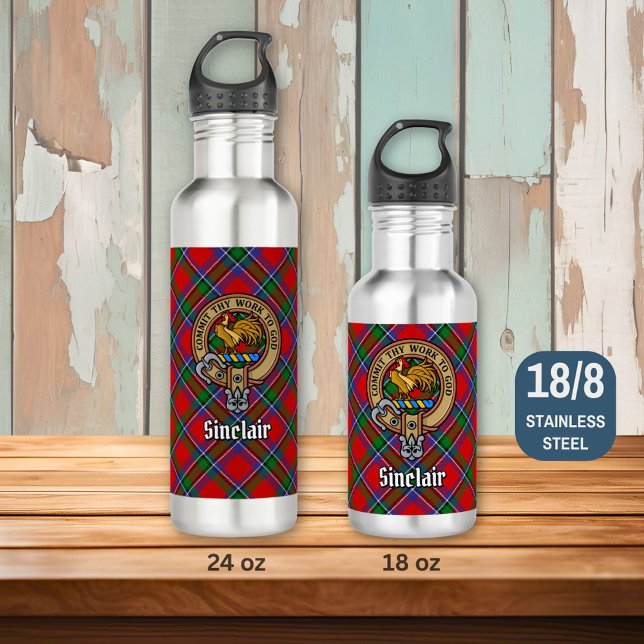 Clan Sinclair Crest over Red Tartan Stainless Steel Water Bottle (Creator Uploaded)