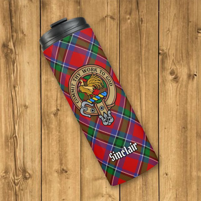 Clan Sinclair Crest over Red Tartan Thermal Tumbler (Creator Uploaded)