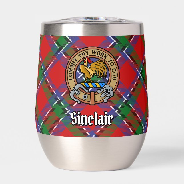 Clan Sinclair Crest over Red Tartan Thermal Wine Tumbler (Front)