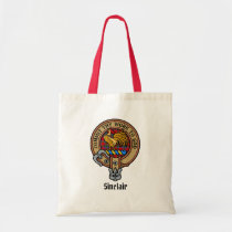 Clan Sinclair Crest over Red Tartan Tote Bag