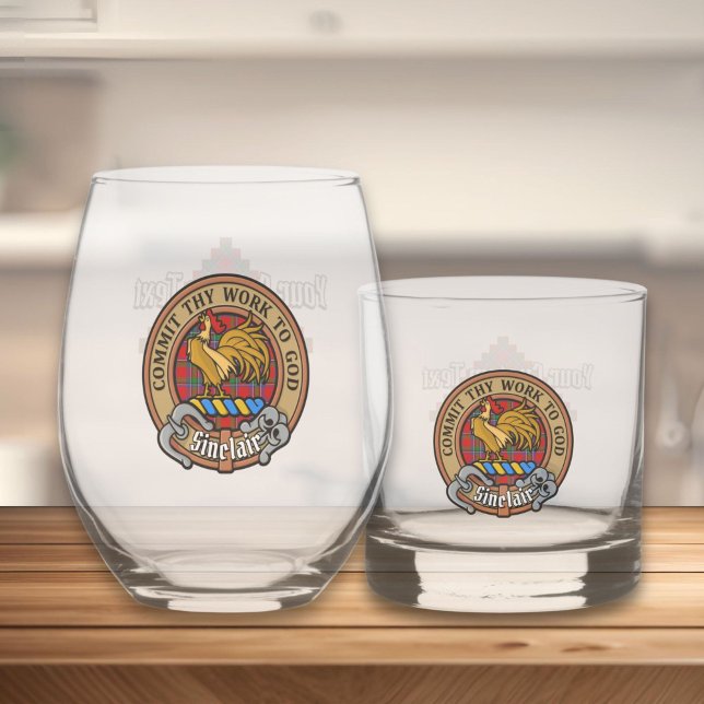 Clan Sinclair Crest over Red Tartan Whiskey Glass (Creator Uploaded)