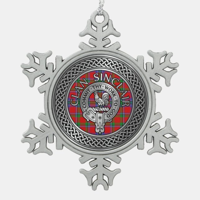 Clan Sinclair Crest & Tartan Knot Snowflake Pewter Christmas Ornament (Front)