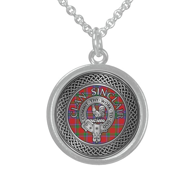 Clan Sinclair Crest & Tartan Knot Sterling Silver Necklace (Front)