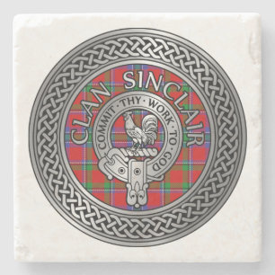 Clan Sinclair Crest & Tartan Knot Stone Coaster