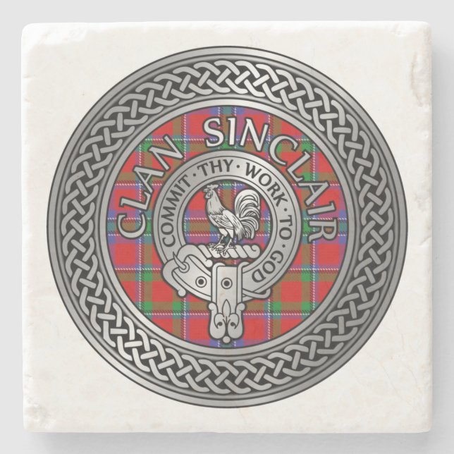 Clan Sinclair Crest & Tartan Knot Stone Coaster (Front)