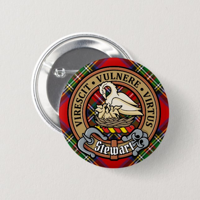 Clan Stewart Crest over Royal Tartan Button (Front & Back)