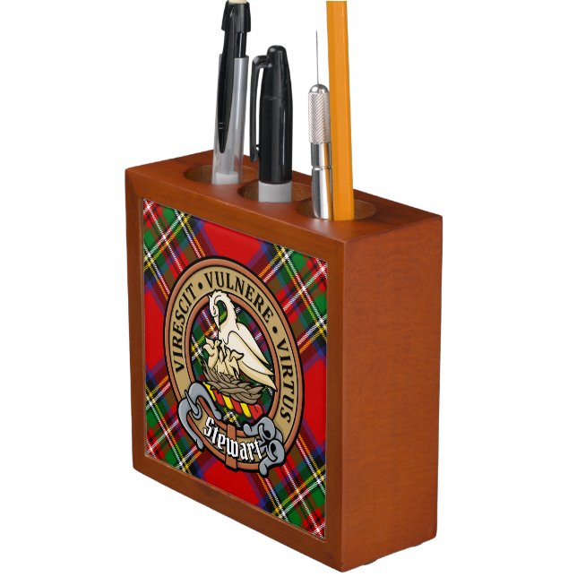 Clan Stewart Crest over Royal Tartan Desk Organizer (In Situ)