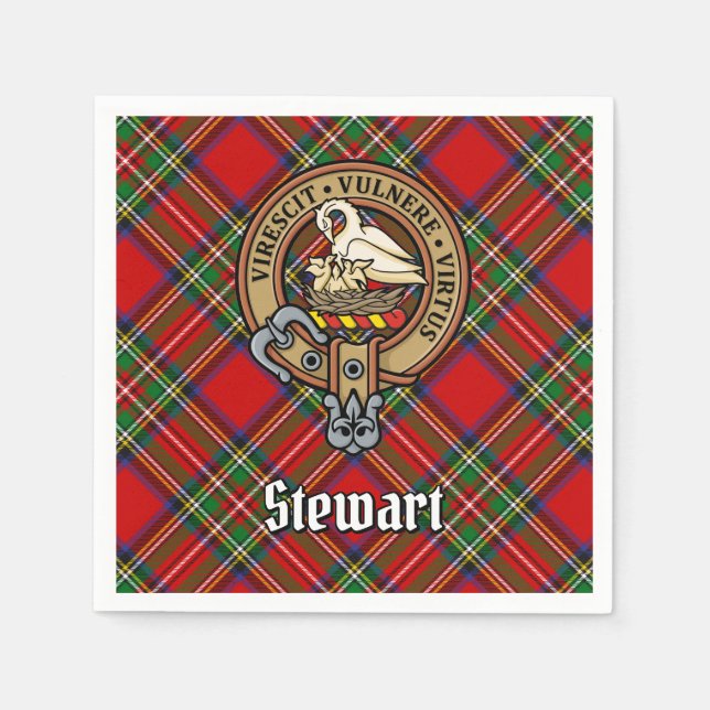 Clan Stewart Crest over Royal Tartan Napkins (Front)